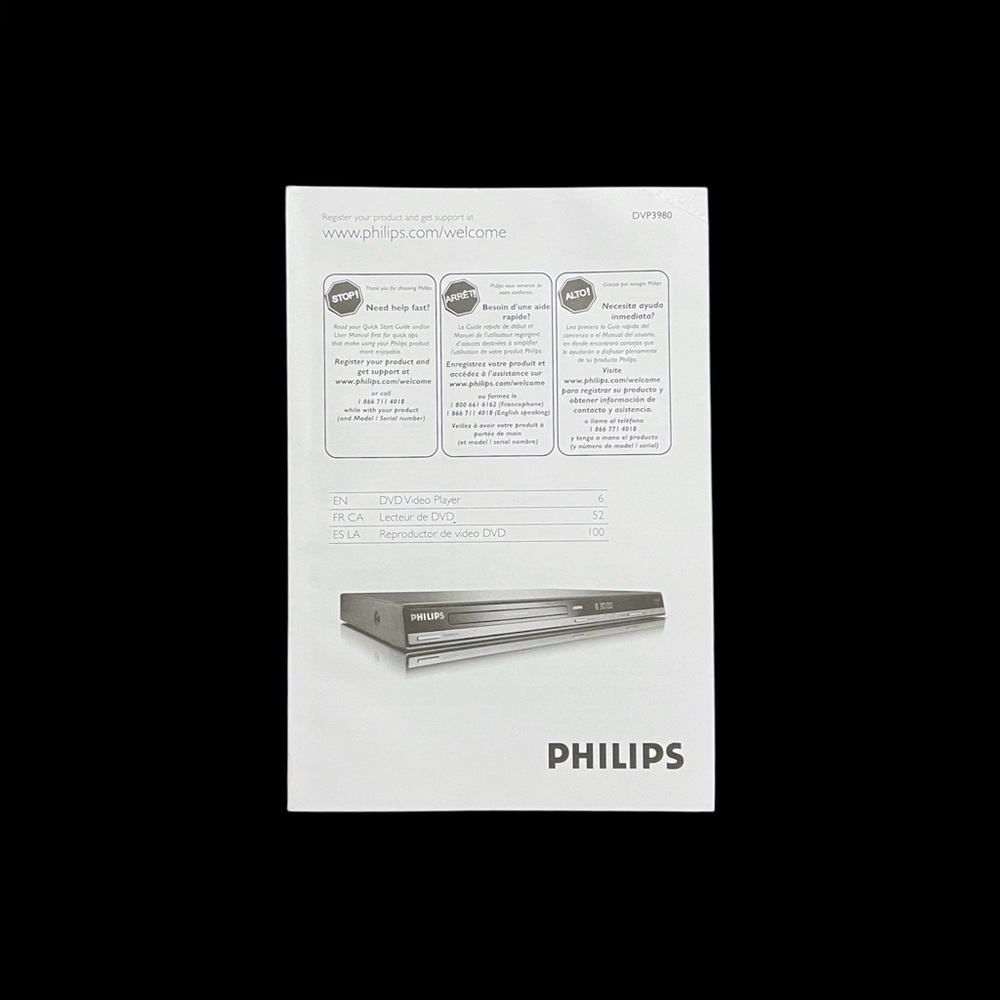 Philips DVD Player Model DVP3980/F7 Instructions Manual - English/French/Spanish